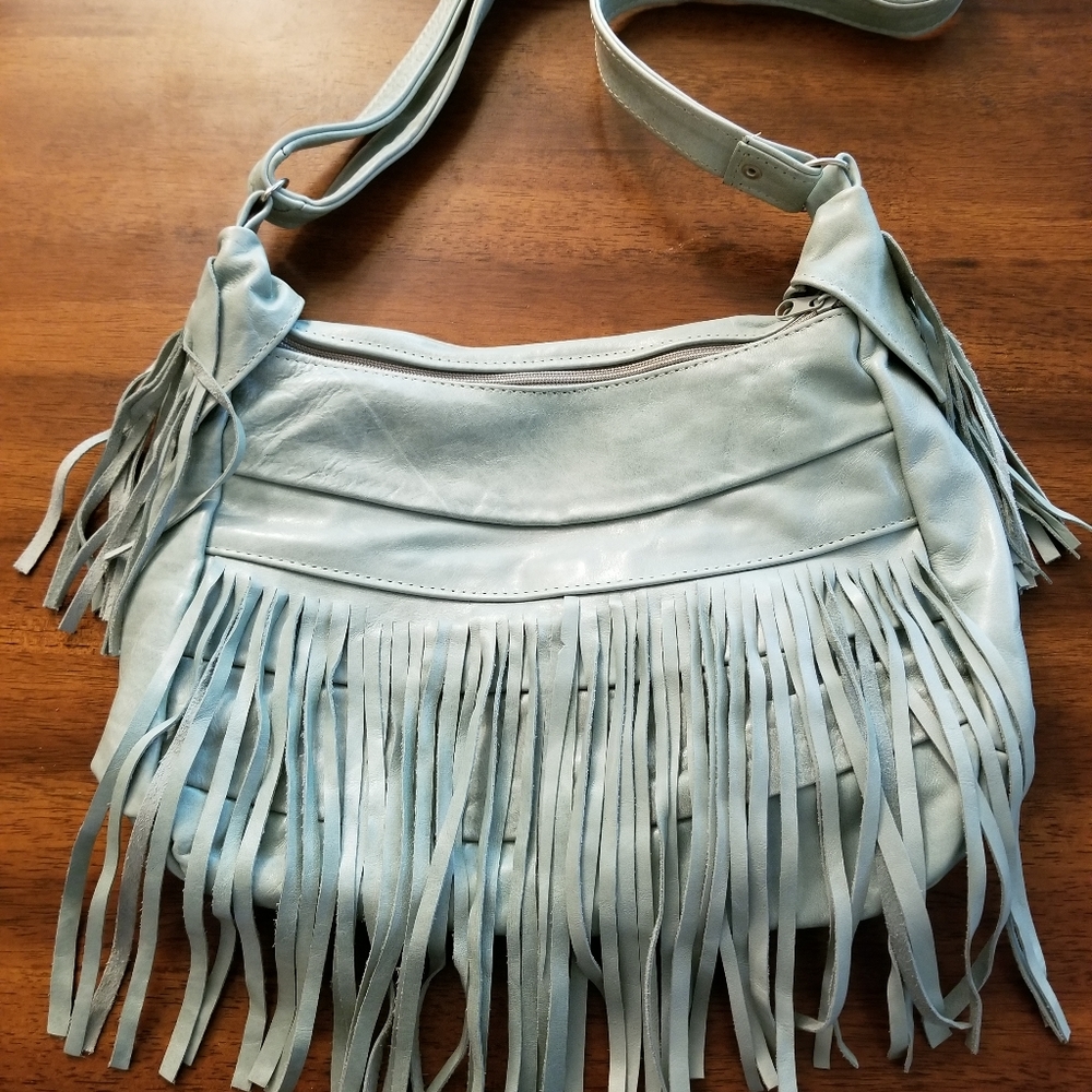 Genuine Pale Baby Blue Leather Purse w/Fringe